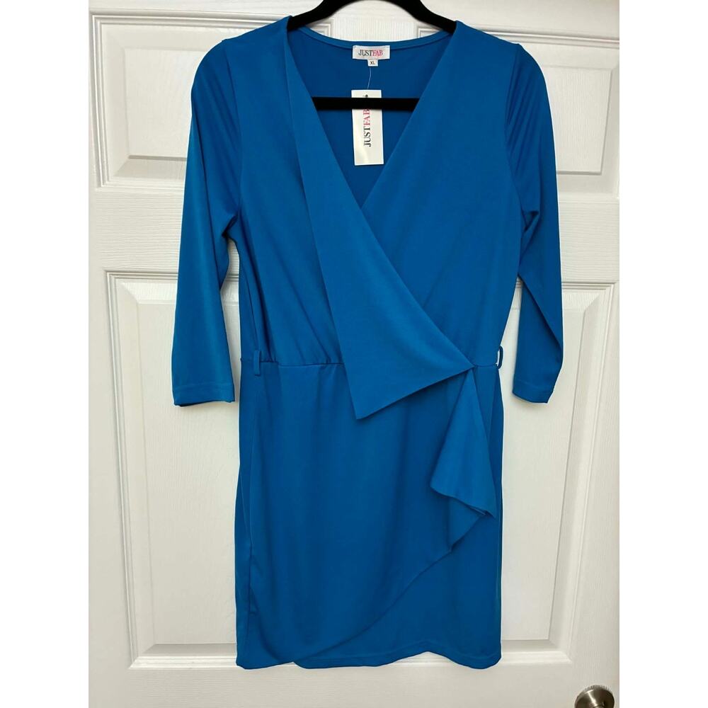 JustFab Blue Wrap Dress XL Asymmetrical Hem 3/4‎ Sleeve Stretchy NWT